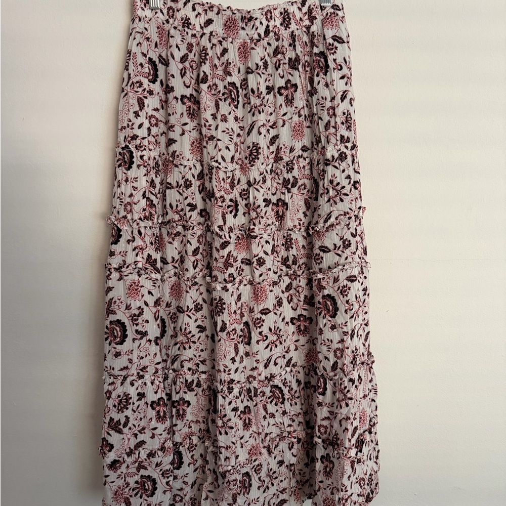 LOFT Pink and Black Floral Tiered Maxi Skirt